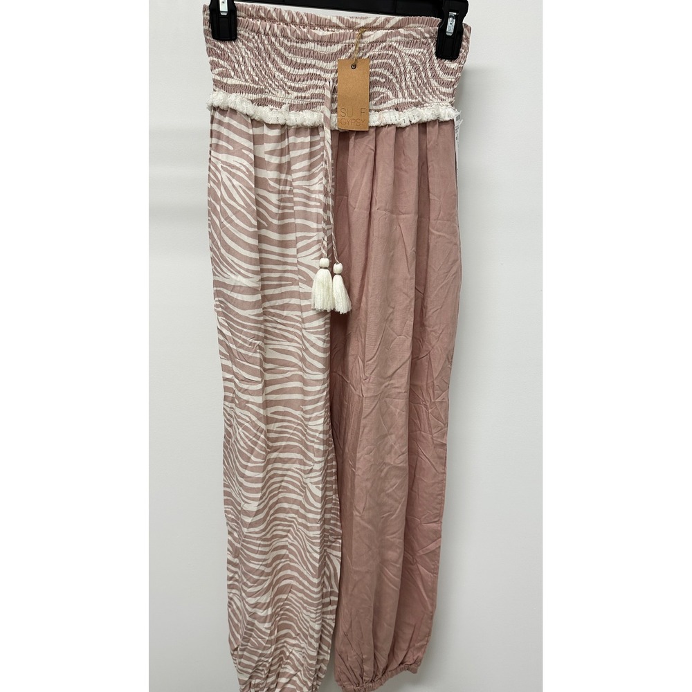 Surf Gypsy Zebra Print Mauve Harem Beach Pants Smocked Waist Tassel Medium